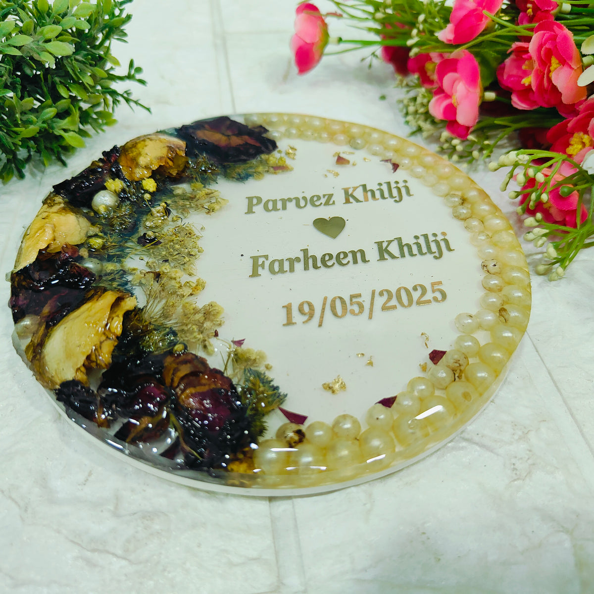 Resin 5inch Round with Half side flowers & Half side Name Date with Pearls border Flowers Preservation