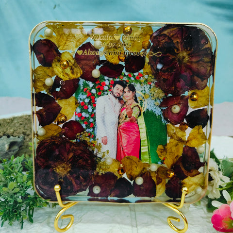Resin 6inch block with Red & White Flowers with Couple photo & Name date with metal stand Varmala Preservation