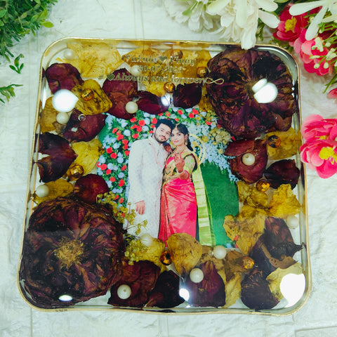 Resin 6inch block with Red & White Flowers with Couple photo & Name date with metal stand Varmala Preservation