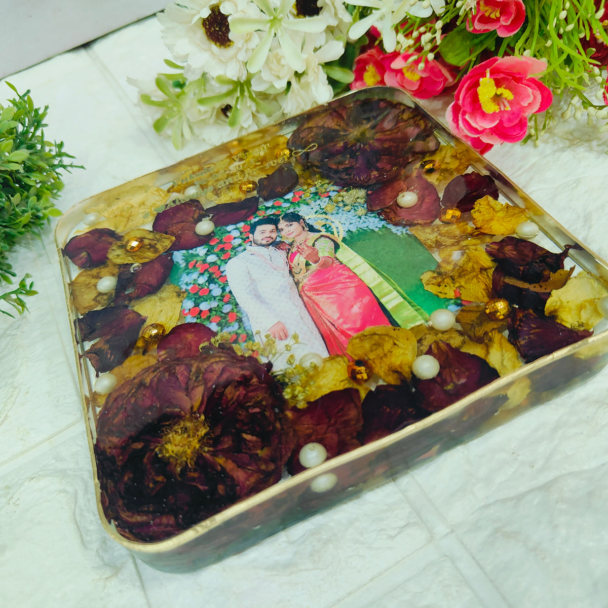Resin 6inch block with Red & White Flowers with Couple photo & Name date with metal stand Varmala Preservation