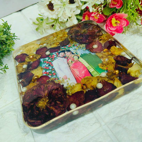 Resin 6inch block with Red & White Flowers with Couple photo & Name date with metal stand Varmala Preservation