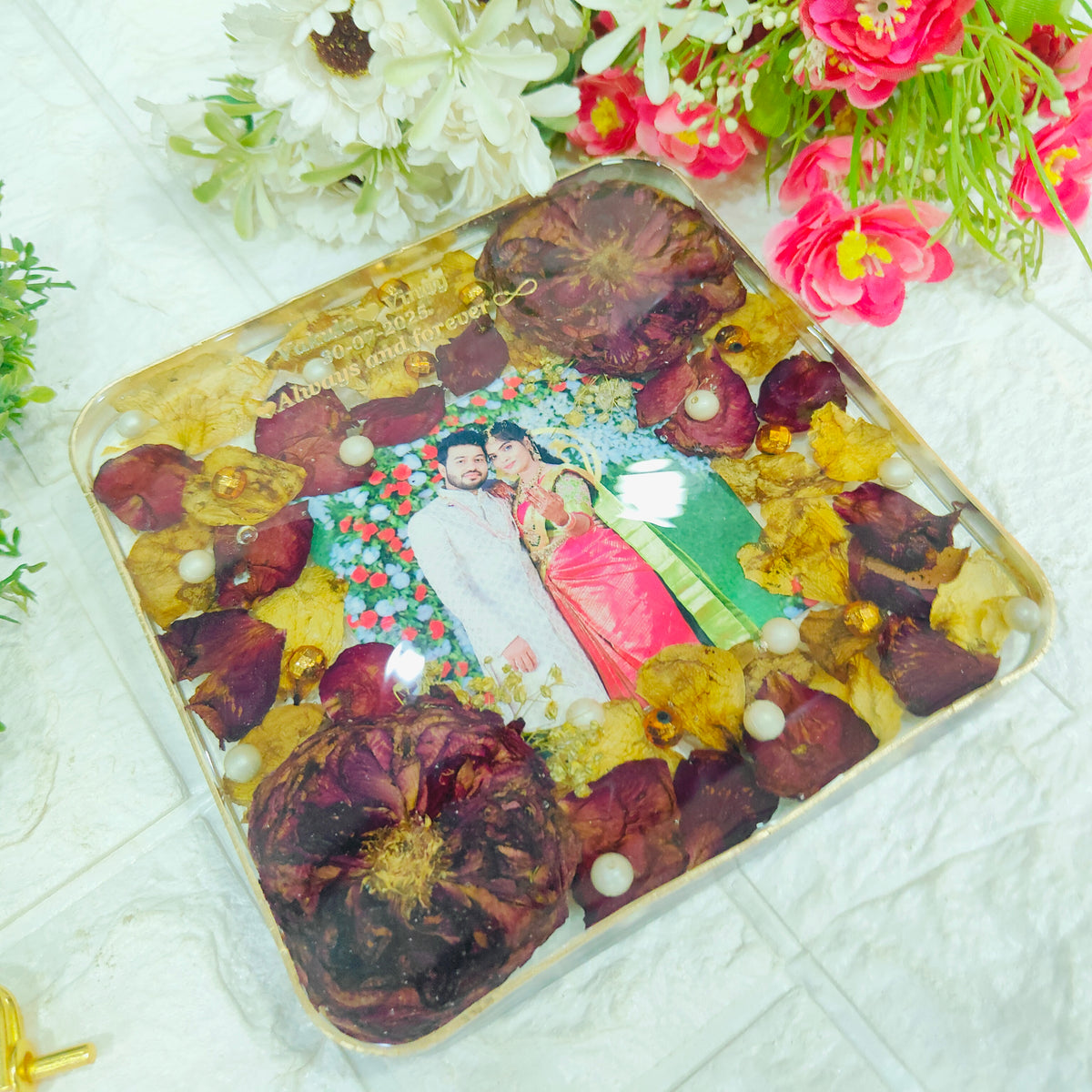 Resin 6inch block with Red & White Flowers with Couple photo & Name date with metal stand Varmala Preservation