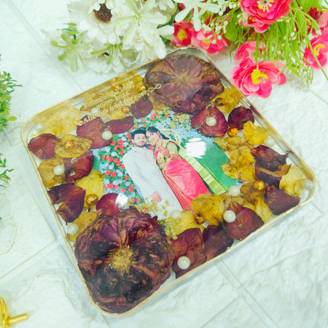 Resin 6inch block with Red & White Flowers with Couple photo & Name date with metal stand Varmala Preservation