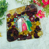 Resin 6inch block with Red & White Flowers with Couple photo & Name date with metal stand Varmala Preservation