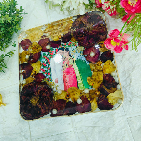 Resin 6inch block with Red & White Flowers with Couple photo & Name date with metal stand Varmala Preservation