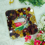 Resin 6inch block with Red & White Flowers with Couple photo & Name date with metal stand Varmala Preservation