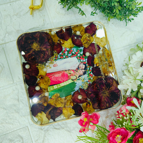 Resin 6inch block with Red & White Flowers with Couple photo & Name date with metal stand Varmala Preservation