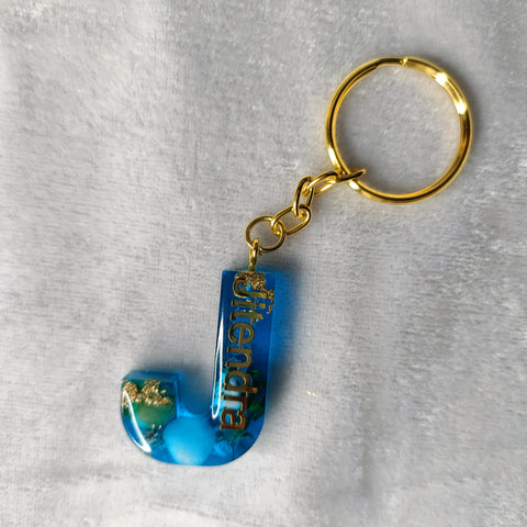 Premium Ocean Blue Resin Keychain with "J" Alphabet