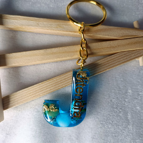 Premium Ocean Blue Resin Keychain with "J" Alphabet