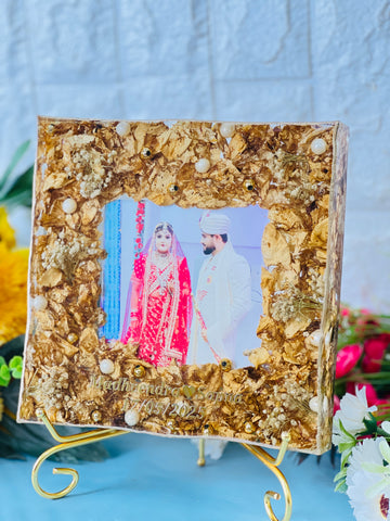 Resin 8inch block with couple photo & Name date Varmala Preservation