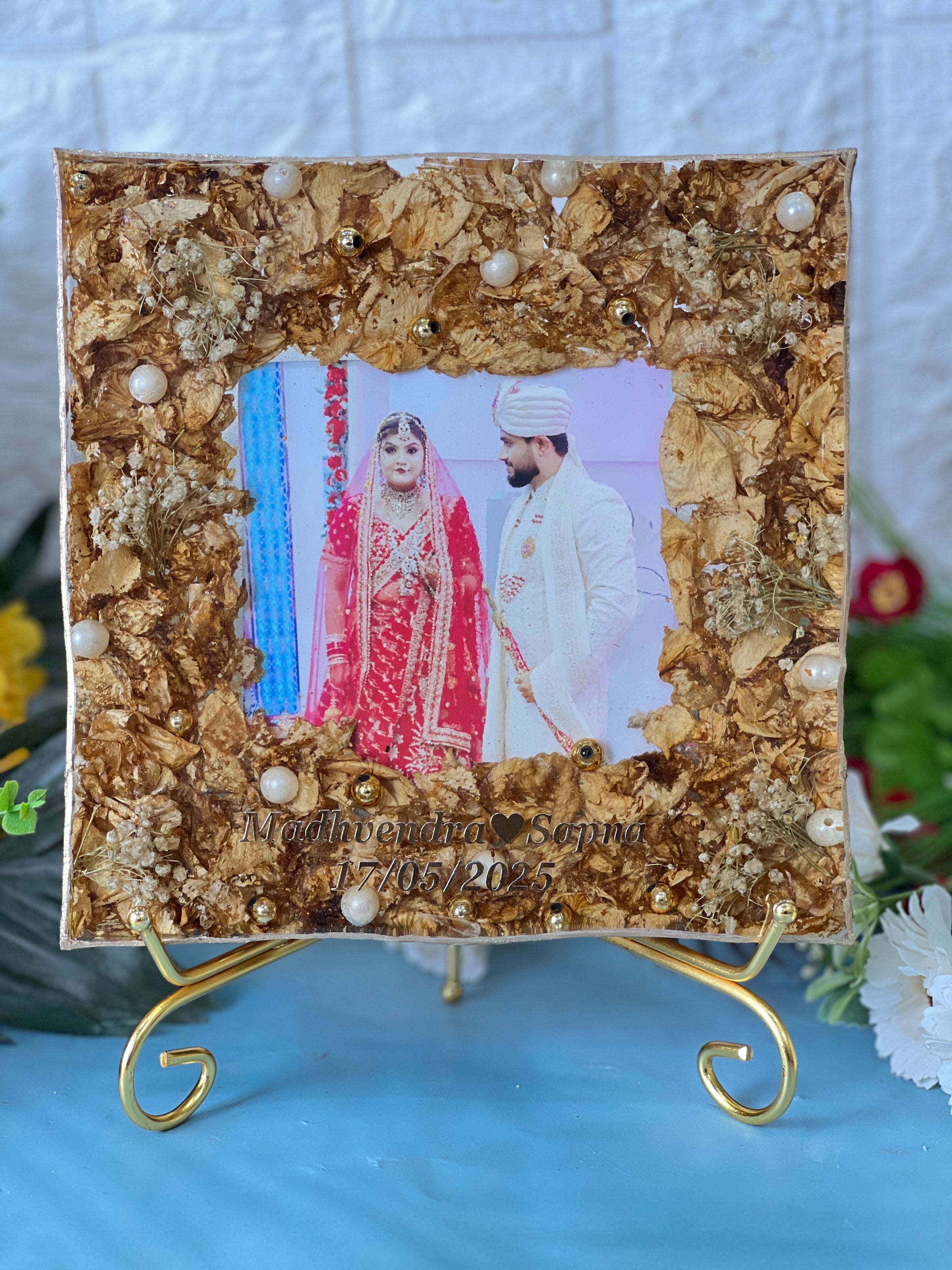 Resin 8inch block with couple photo & Name date Varmala Preservation