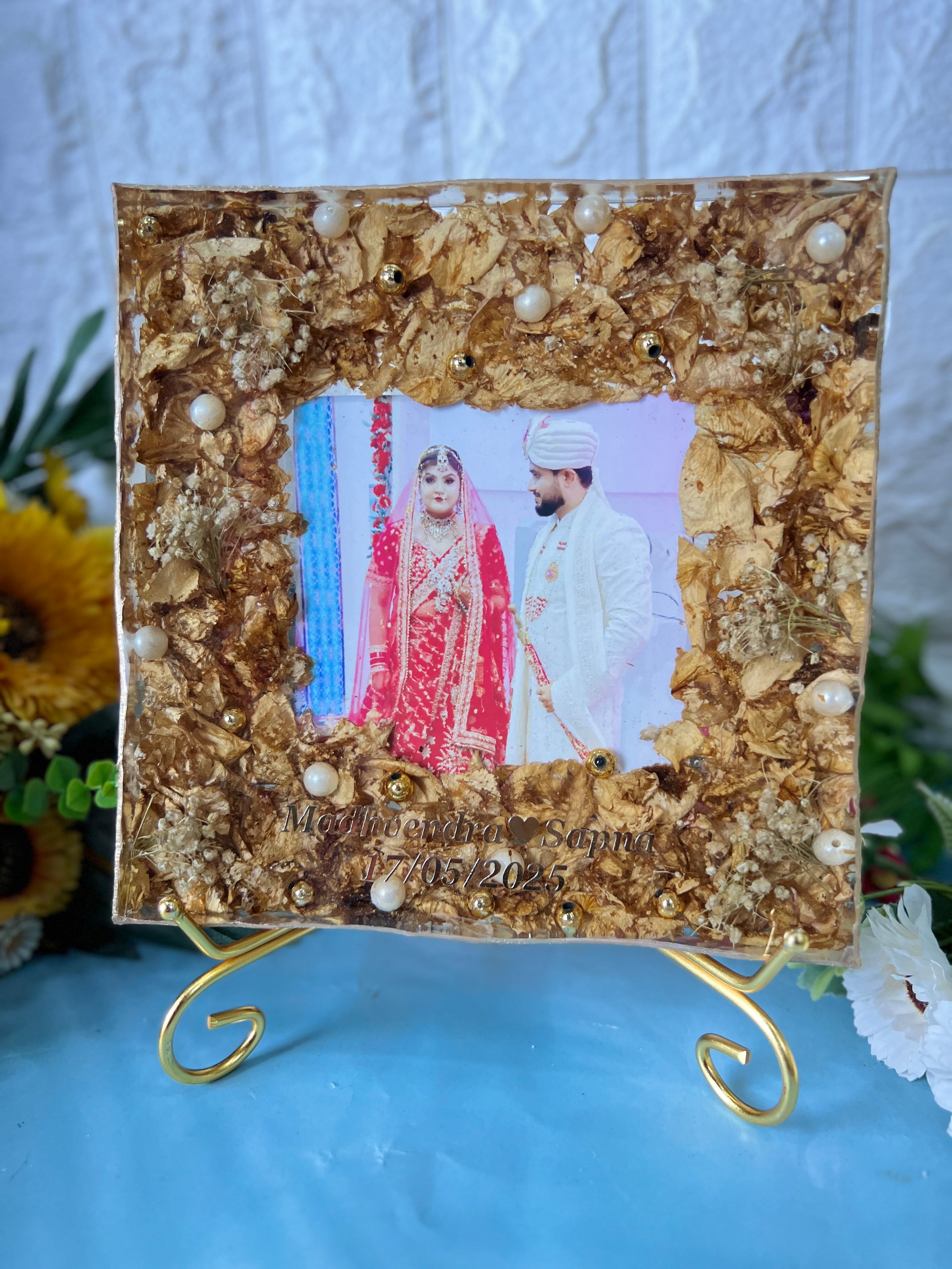 Resin 8inch block with couple photo & Name date Varmala Preservation