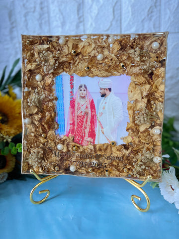 Resin 8inch block with couple photo & Name date Varmala Preservation