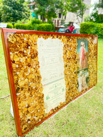 Resin 32 by 18 inch frame with 2 wedding card & Two Photo with Petals Varmala Preservation