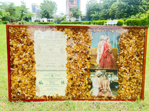 Resin 32 by 18 inch frame with 2 wedding card & Two Photo with Petals Varmala Preservation