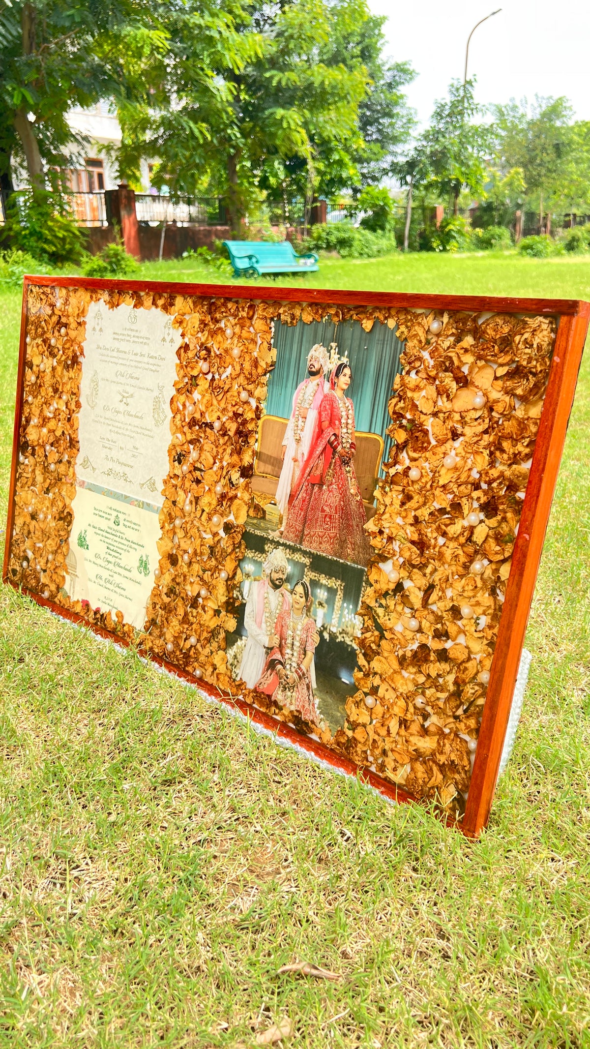 Resin 32 by 18 inch frame with 2 wedding card & Two Photo with Petals Varmala Preservation
