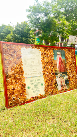 Resin 32 by 18 inch frame with 2 wedding card & Two Photo with Petals Varmala Preservation