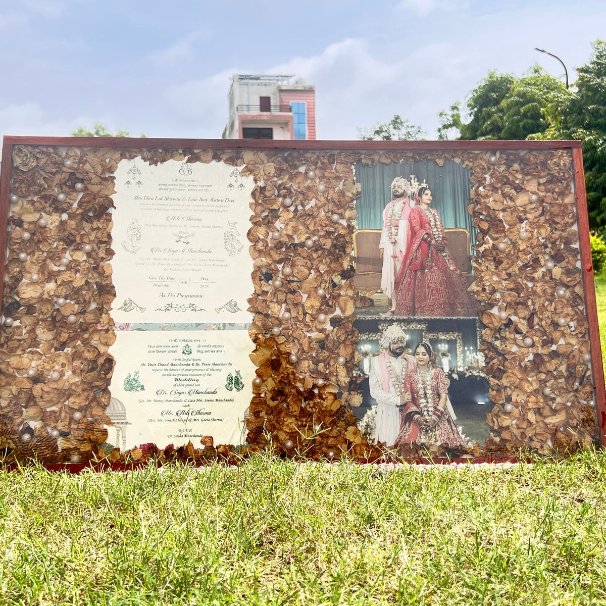 Resin 32 by 18 inch frame with 2 wedding card & Two Photo with Petals Varmala Preservation