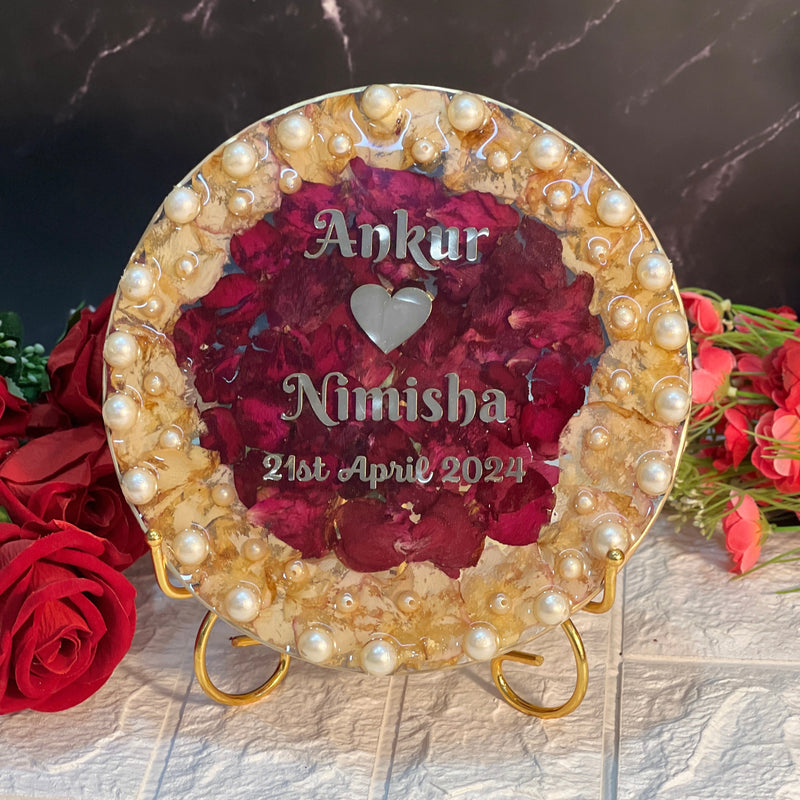 Beautiful Resin Preserved Frame with White Pearls and Rose Petals