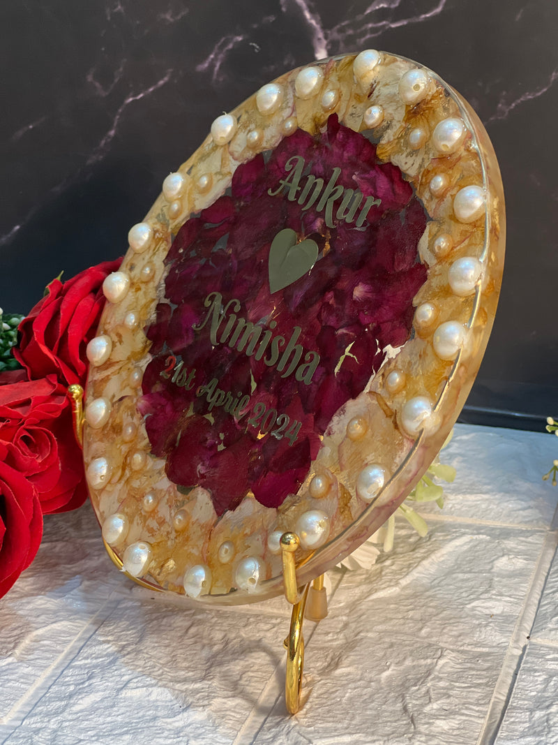 Beautiful Resin Preserved Frame with White Pearls and Rose Petals