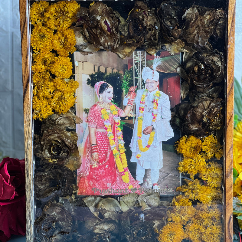 Wooden Rectangular Frame with Wedding Jaimala Flowers
