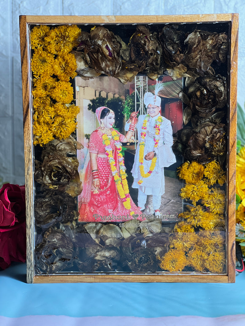 Jaimala Lotes Preserve In Rectangle Resin Frame | Garland Flower Preserve Along With Couple Photo In Epoxy |  Bespoke Resin Varmala Frame With Couple Name And Engament Date and With LED connection