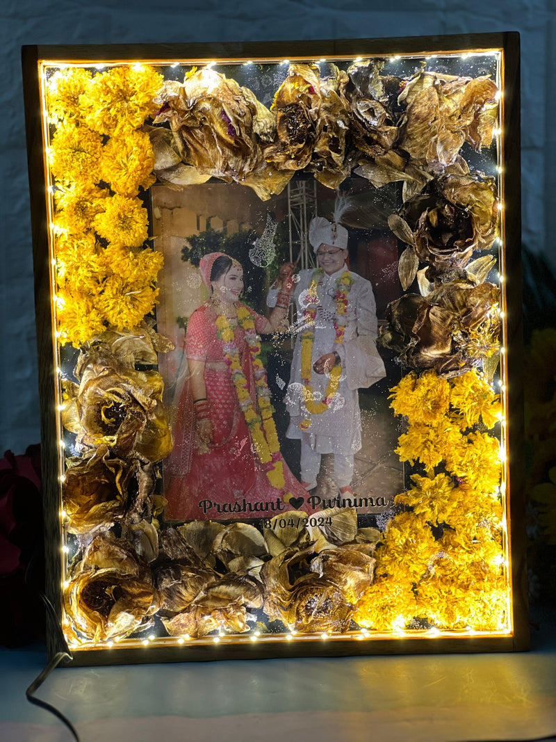 Jaimala Lotes Preserve In Rectangle Resin Frame | Garland Flower Preserve Along With Couple Photo In Epoxy |  Bespoke Resin Varmala Frame With Couple Name And Engament Date and With LED connection