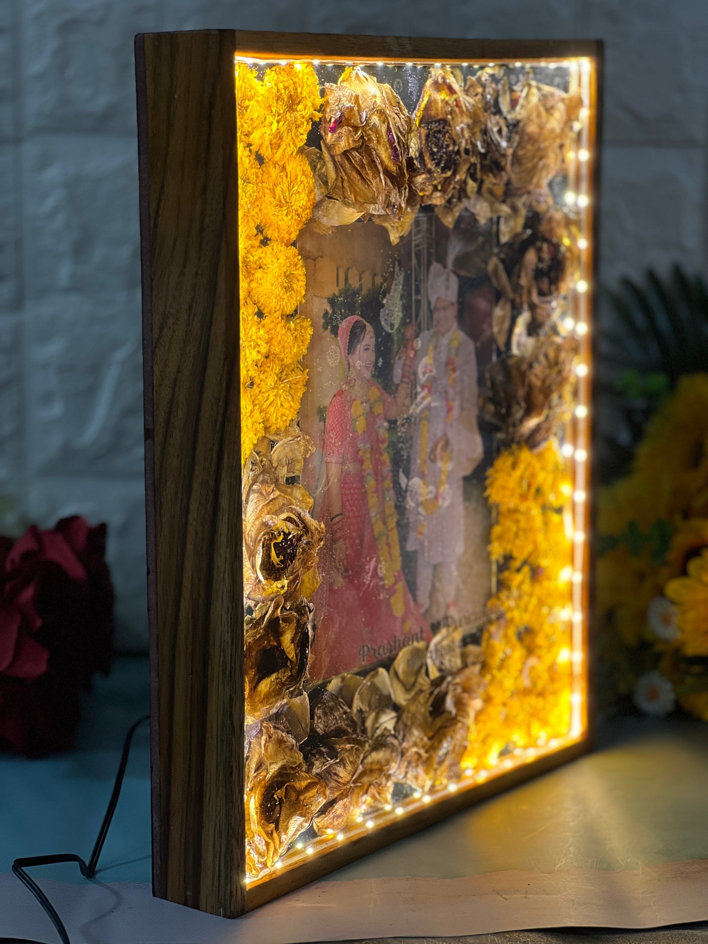 Jaimala Lotes Preserve In Rectangle Resin Frame | Garland Flower Preserve Along With Couple Photo In Epoxy |  Bespoke Resin Varmala Frame With Couple Name And Engament Date and With LED connection