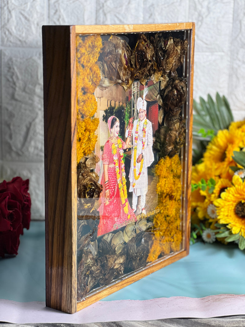 Jaimala Lotes Preserve In Rectangle Resin Frame | Garland Flower Preserve Along With Couple Photo In Epoxy |  Bespoke Resin Varmala Frame With Couple Name And Engament Date and With LED connection