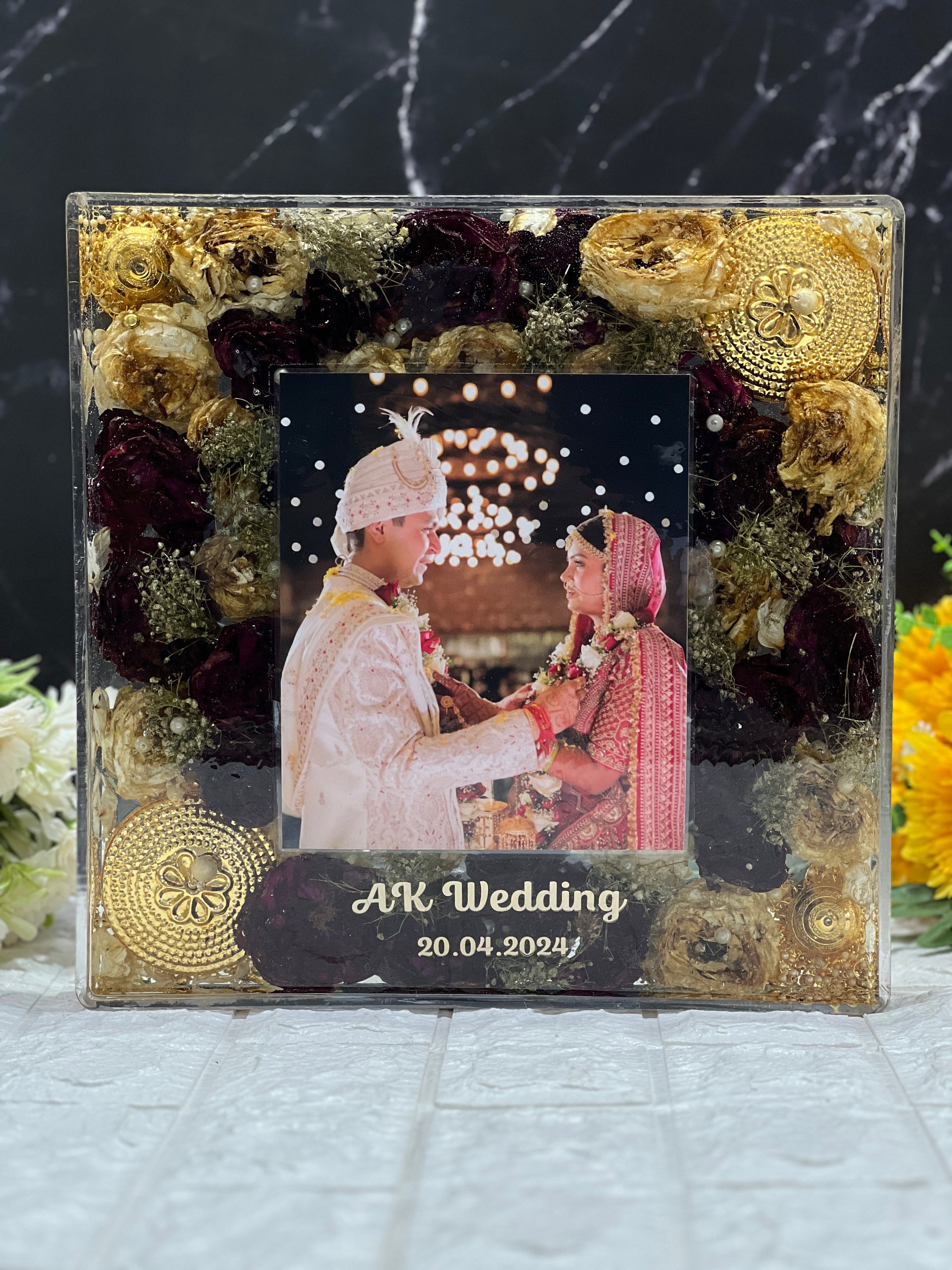 12-Inches Square Resin Photo Frame with Preserved Wedding Flowers & Kaleera