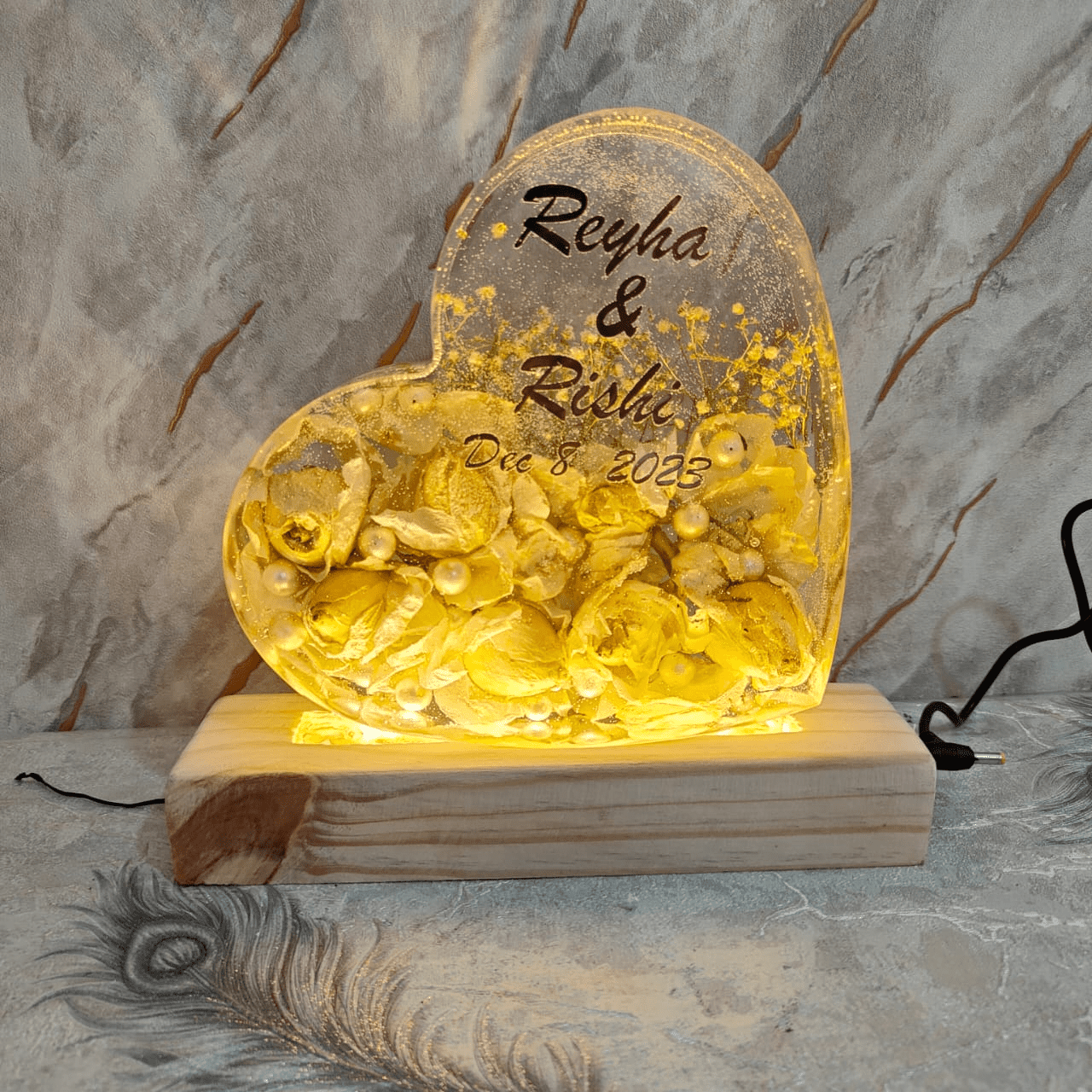 Wedding Varmala Flower Preservation LED Lamp | Premium Garland Flower Preserved Heart-shaped Resin Yellow LED Light Lamp (7 Inch) Complete Light Connection & Attached Wooden Stand