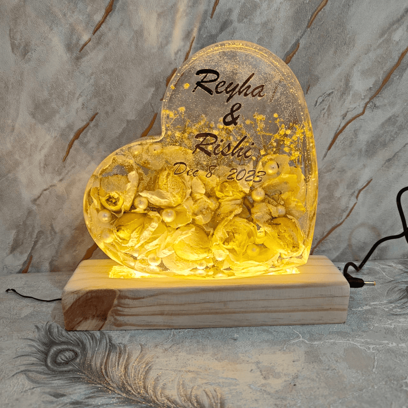 Wedding Varmala Flower Preservation LED Lamp | Premium Garland Flower Preserved Heart-shaped Resin Yellow LED Light Lamp (7 Inch) Complete Light Connection & Attached Wooden Stand