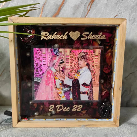 Square Resin Varmala Photo Frame with LED Lights | Custom Wedding Details Preservation (1.5 Inch Depth) | Wedding Momento for Bedroom Decor (8 Inch)