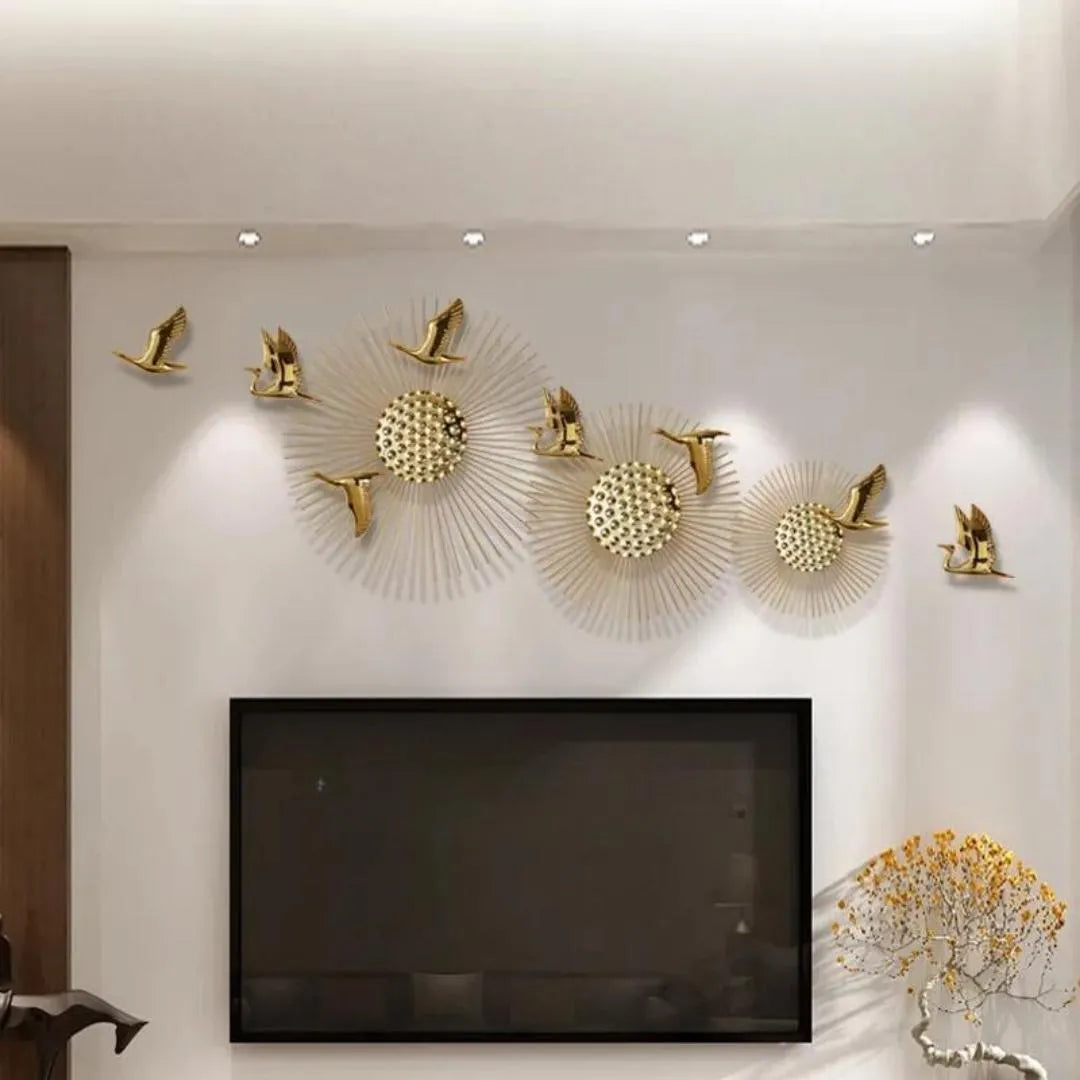 Golden Birds & Sunburst Metal Wall Art (80×27 Inches)