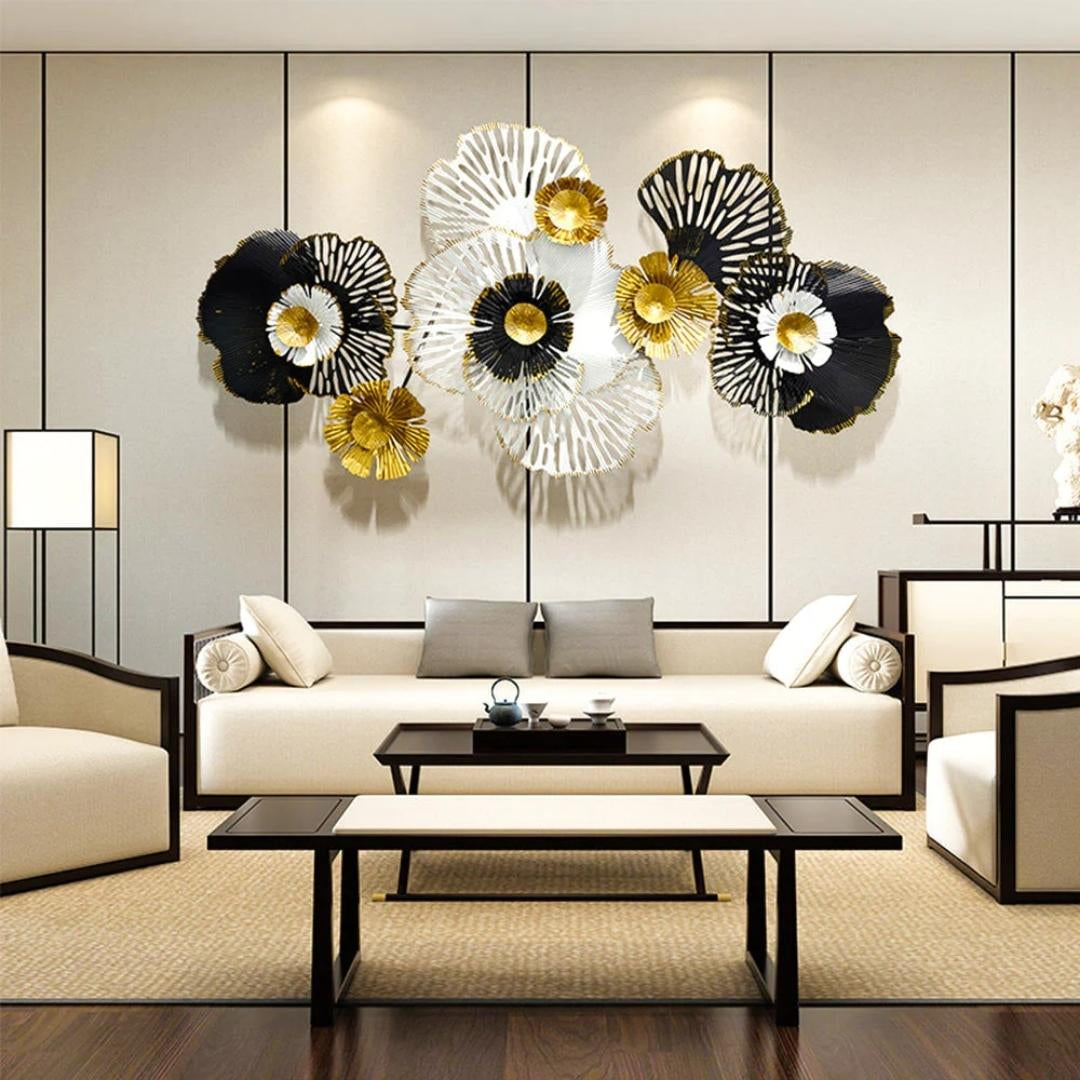 Stunning Metal Wall Art/ Abstract Leaf Design in Black and White with Central Circular Rings/ (48×24 Inches)