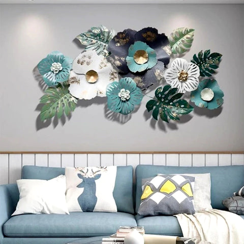 Elegant Blue & White Wild Floral Metal Wall Art Decor (48×24 Inches)
