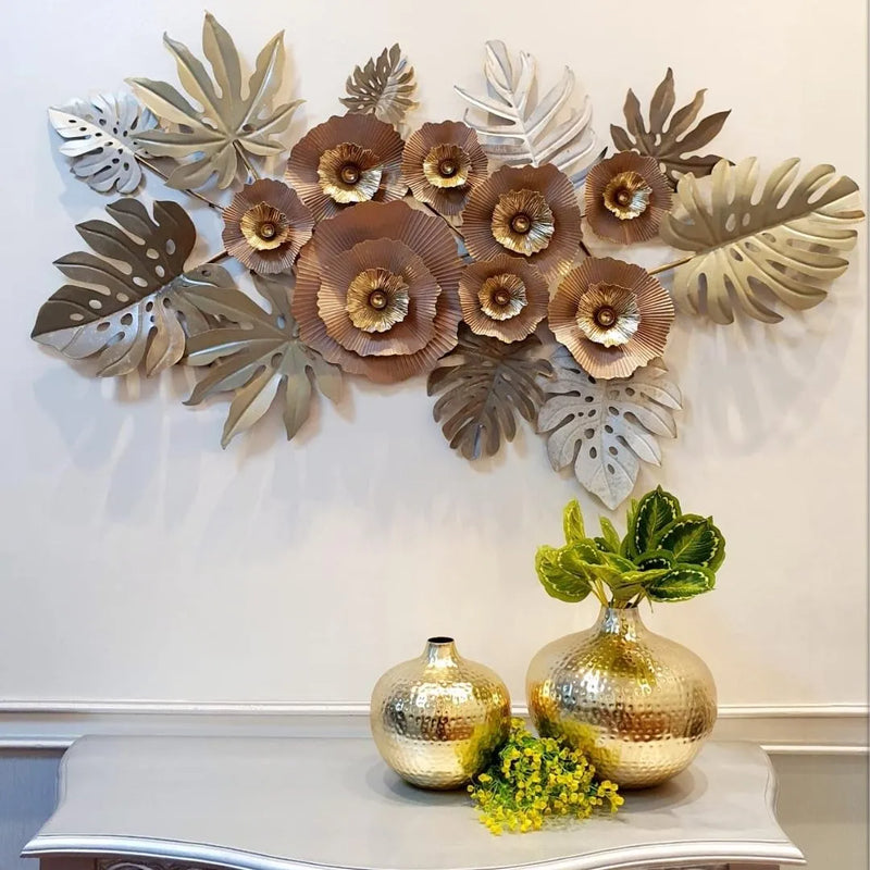 Exquisite Copper Flowers Wall Art: 3D Handmade Masterpiece with Golden Bronze Finish (Size-56×30 Inches)