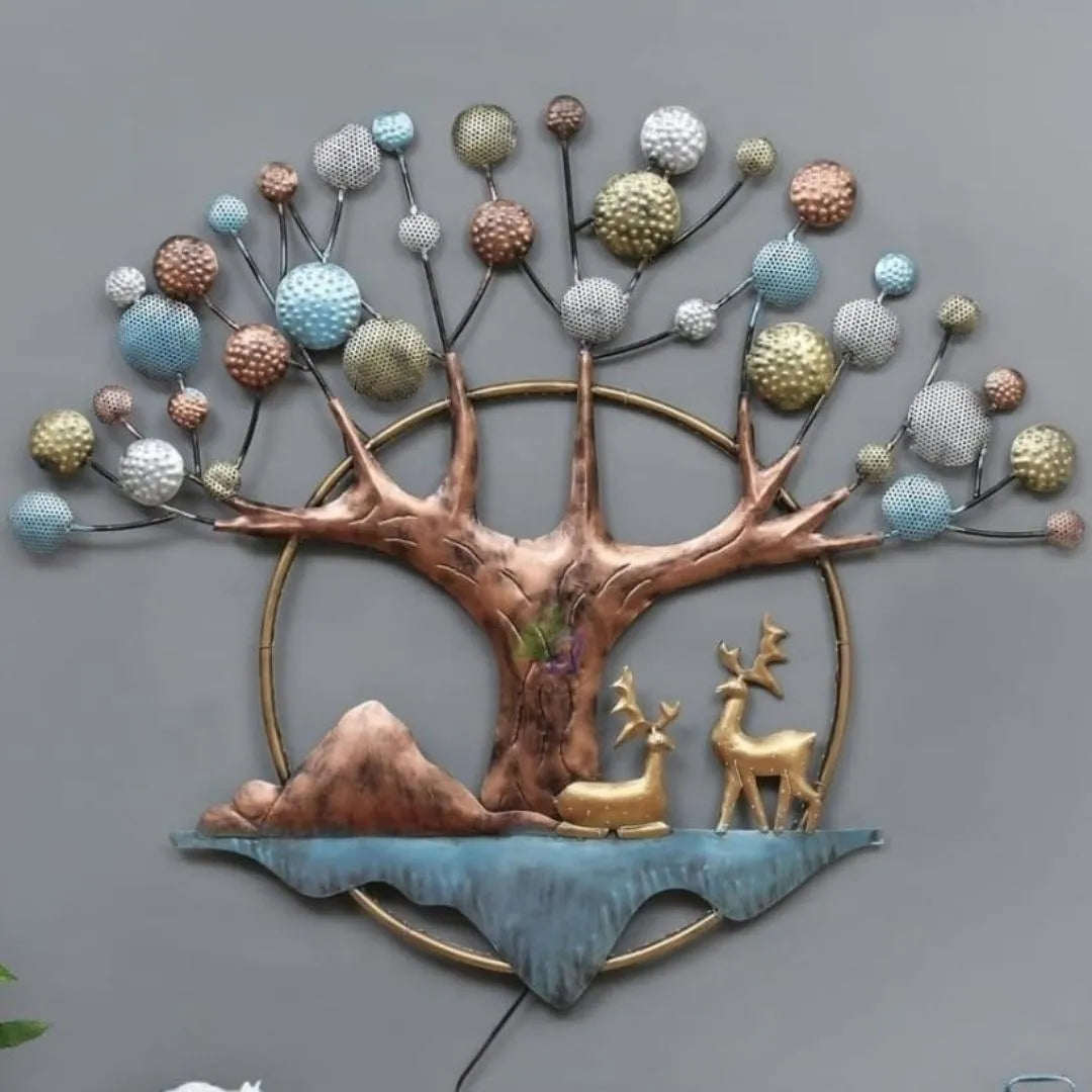 Illuminated Metal Tree & Deer Wall Art (42×36 Inches)