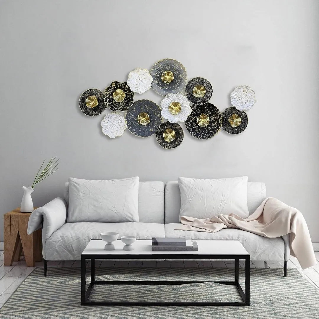 Golden & Grey Floral Circles Metal Wall Art (60×30 Inches)