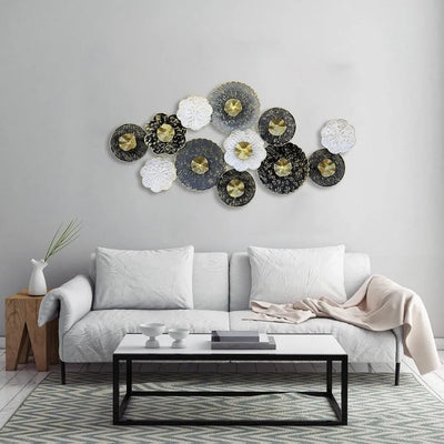 Golden & Grey Floral Circles Metal Wall Art (60×30 Inches)