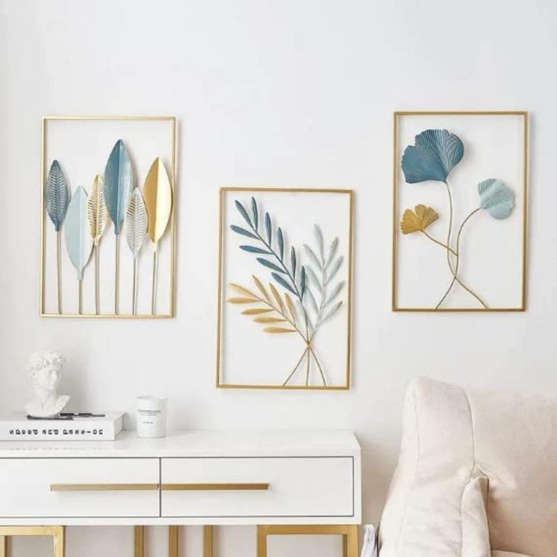 Designer Metal Blue & Gold Ginkgo Leaf Wall Art Set: Aesthetic Elegance for Every Space