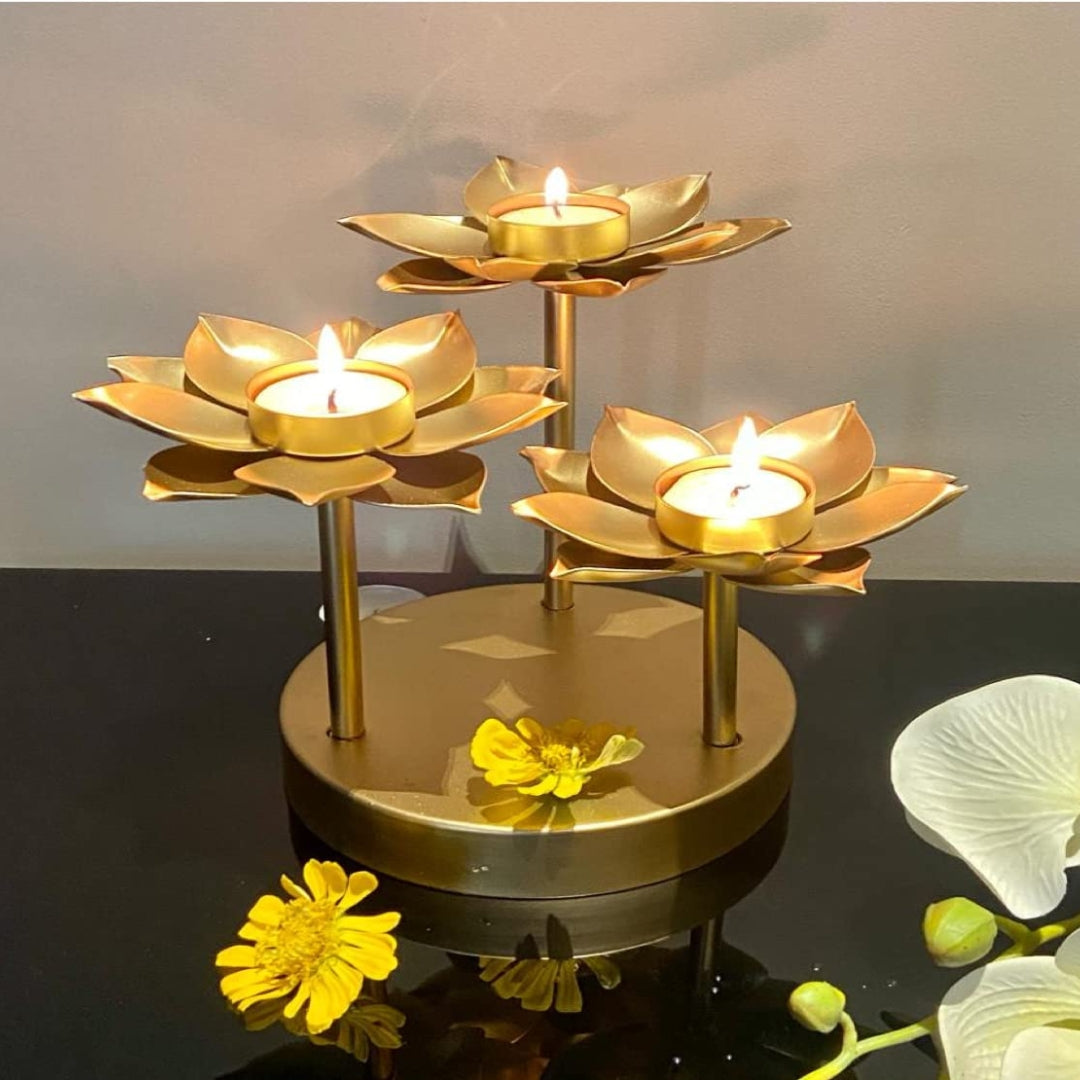 Stunning Set of 3 Lotus Flower Tealight Candle Holders with Gold Polish and Elegant Morgon Finish for Festive Decor