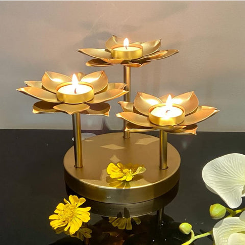 Set of 3 Gold Lotus Flower Tealight Candle Holder