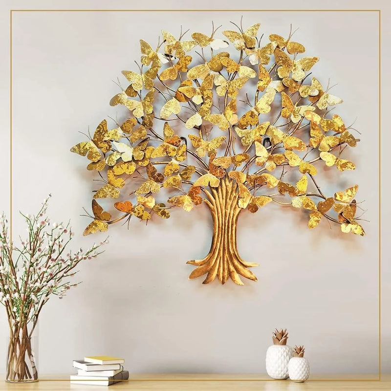 Designer Golden Butterfly Tree Metal Wall Art in 3D with LED Lights (40x36 inches) - Stunning Home Decor and Gift Item