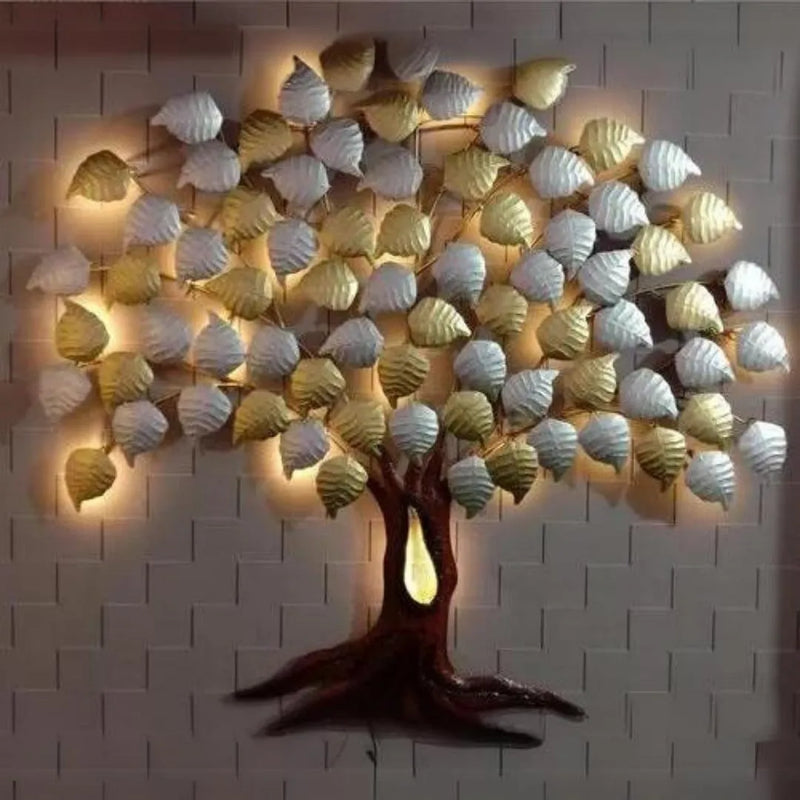 Golden & Silver Leafy Metallic Tree with LED Lights (50×32 Inches)