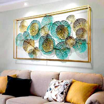Premium 3D Double Frame Metal Wall Art, Green & Gold Lotus Leaves