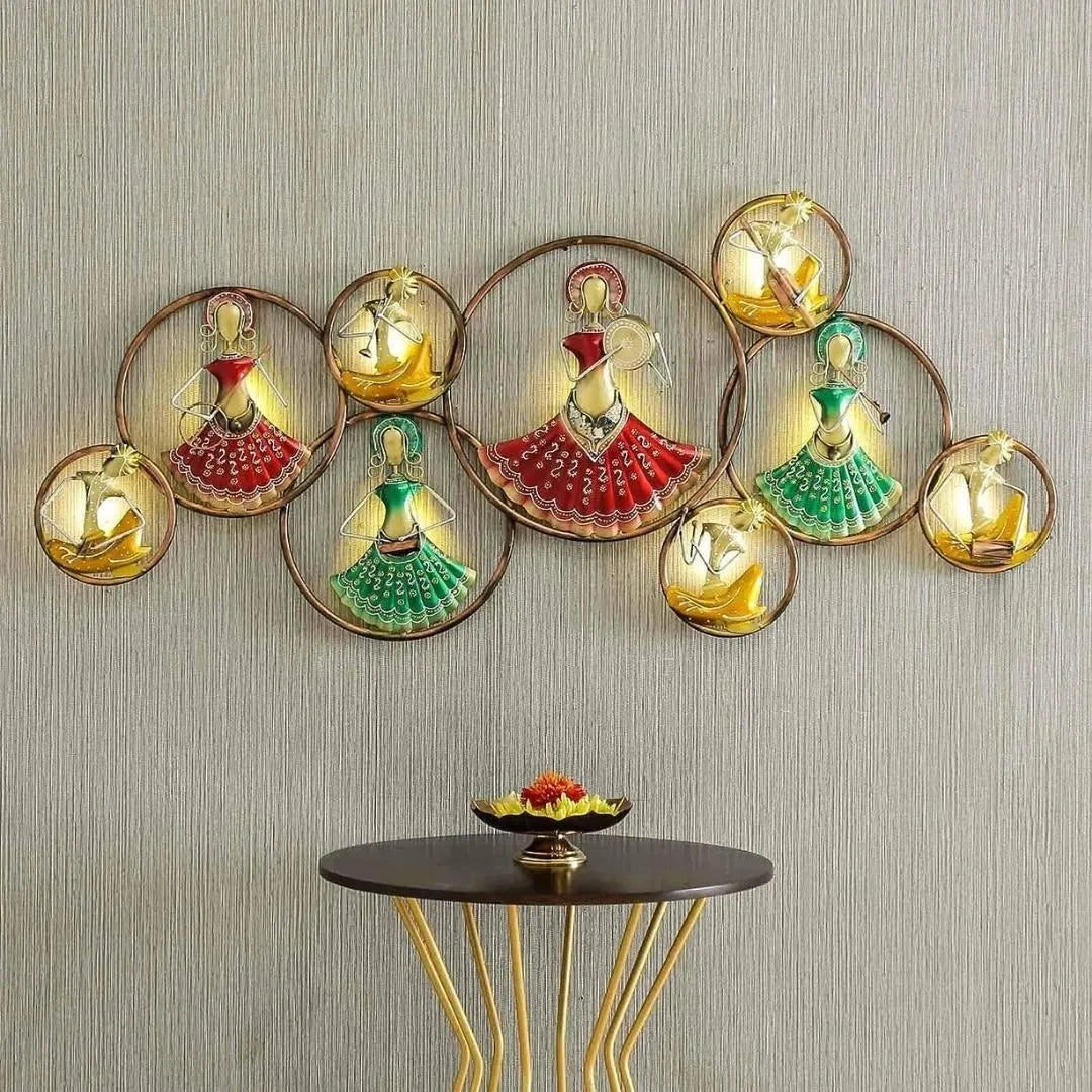Traditional Dancing Doll Wall Art: Metal Marwari Musicians with LED Lights (54×24 Inches)