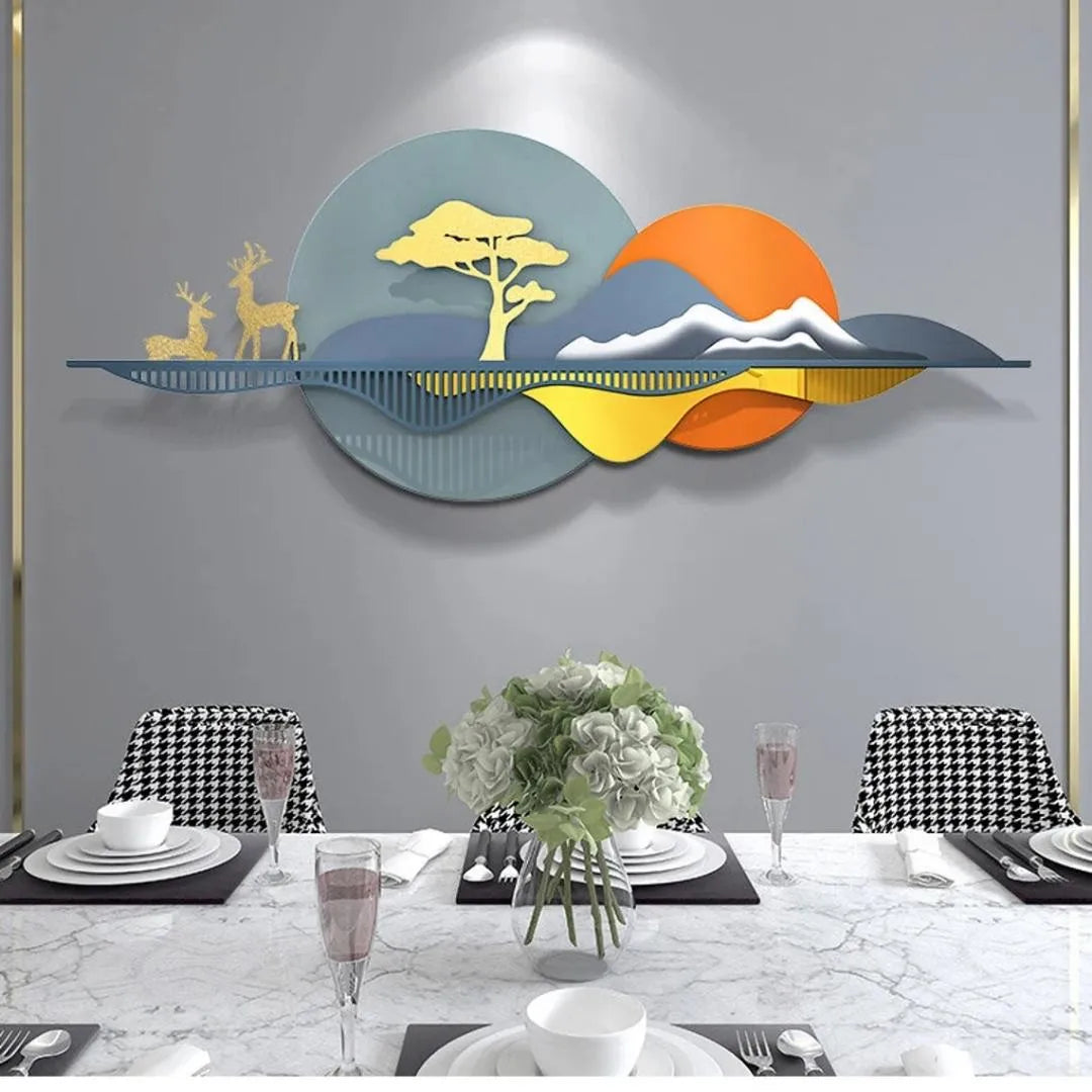 Sunset Mountain & Deer Metal Wall Art (52×24 Inches)