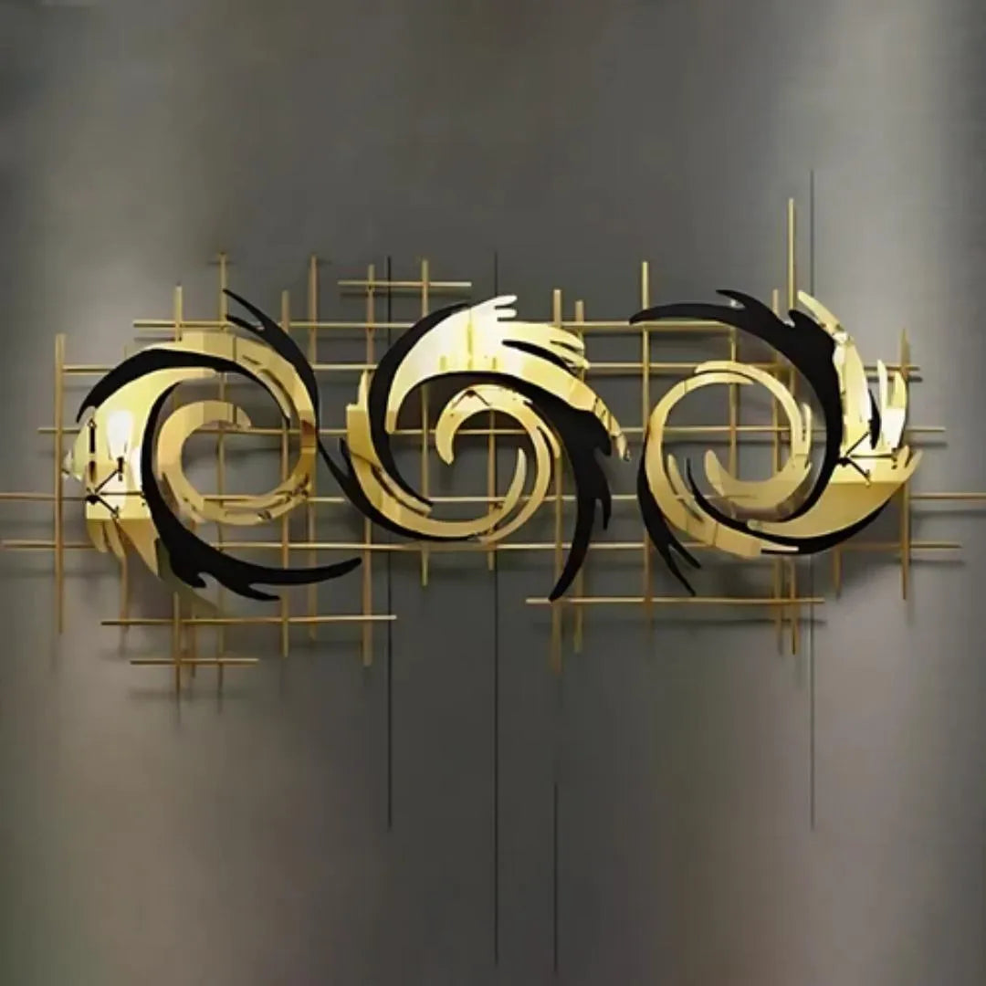 Stunning Metal Wall Art: Black Spiral Illusion with Golden Dragons - Contemporary Decorative Excellence