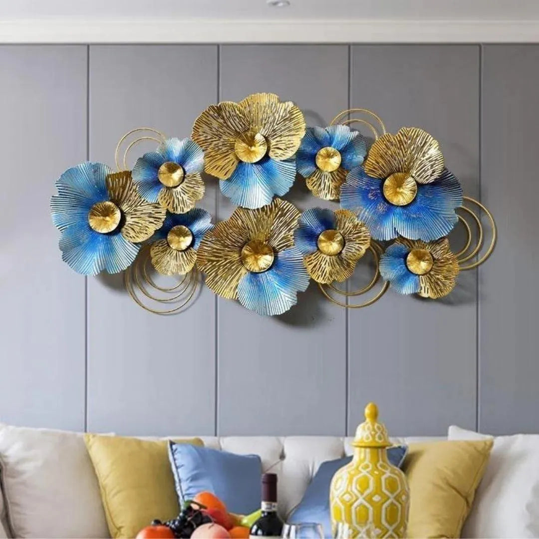 Decorative Metal Wall Sculpture: Elegant Blue and golden Iron Leaf Panel for Your Master Bedroom